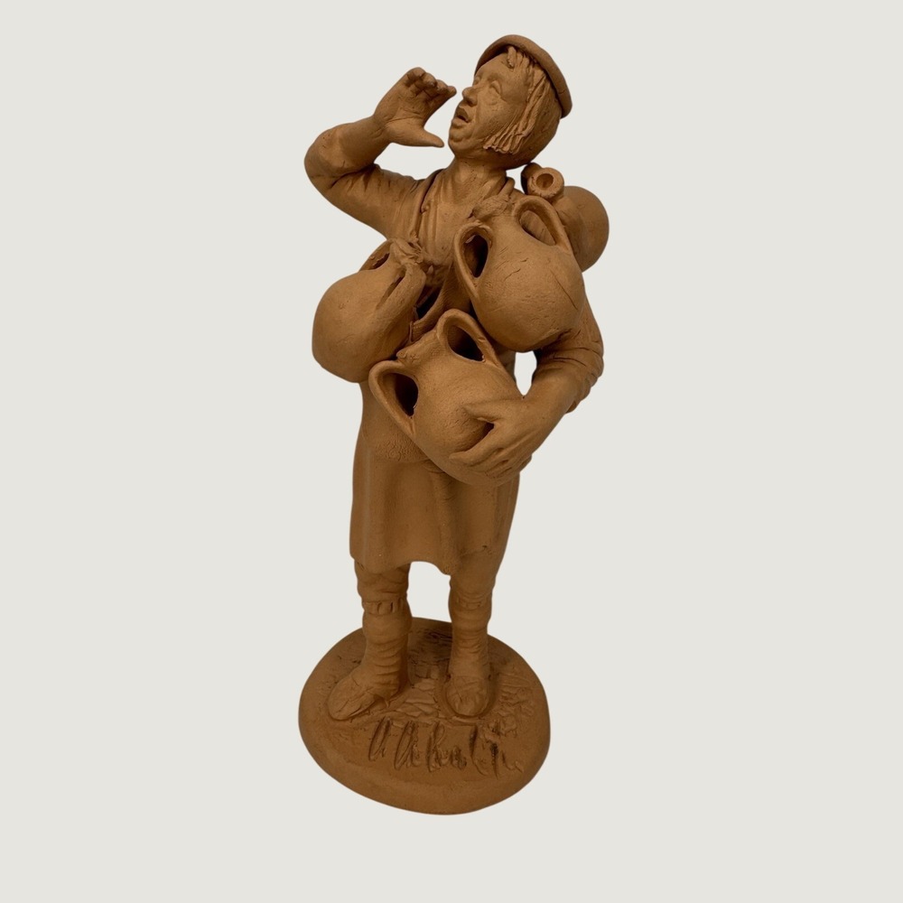 Signed Terracotta Folk Art Man Carrying Jugs Figurine Pottery Sculpture 8"